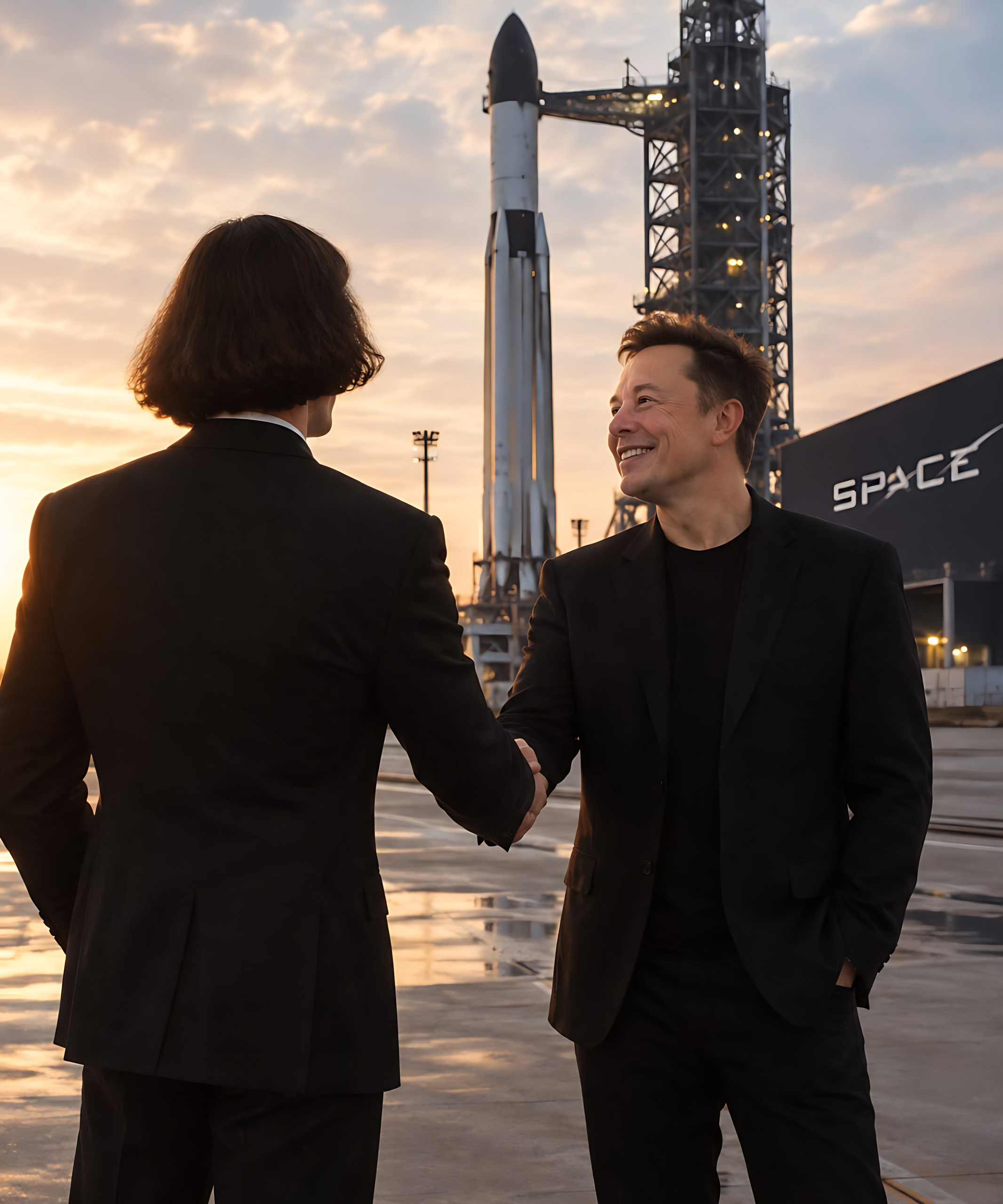 SOL Phil and Elon Musk beside a rocket, seen from behind